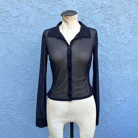 Divided Tops - Black Sheer Shirt Mesh Small Top club kid rave Y2k